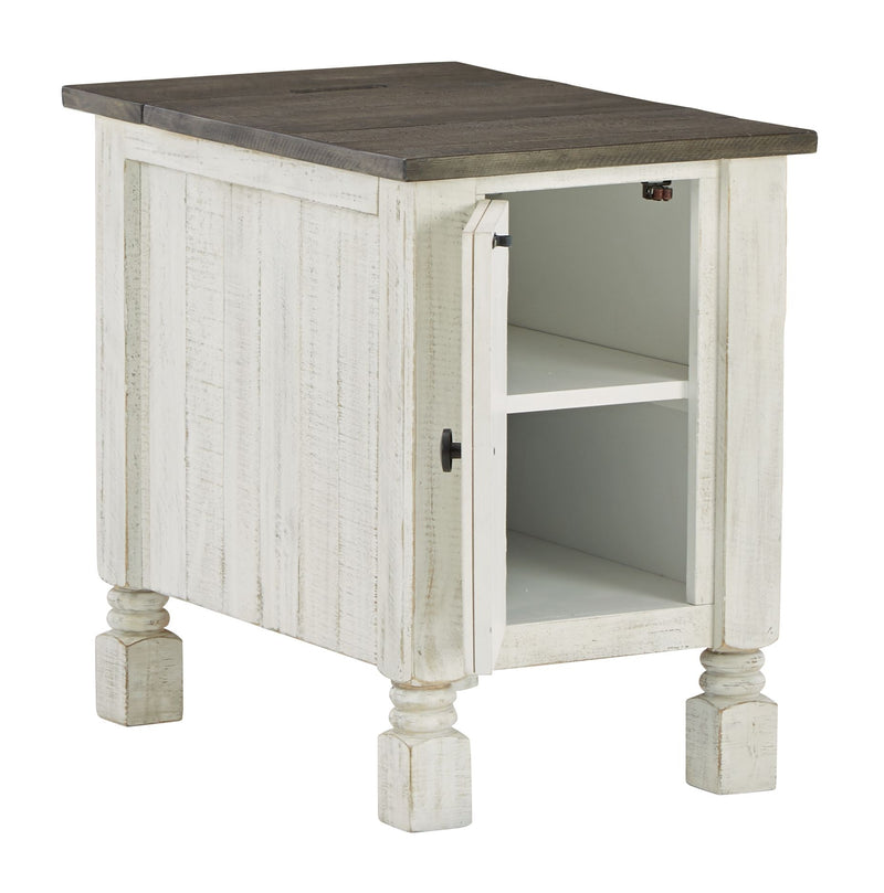 Chair side end table with dark top, white distressed cabinet with open shelf and door