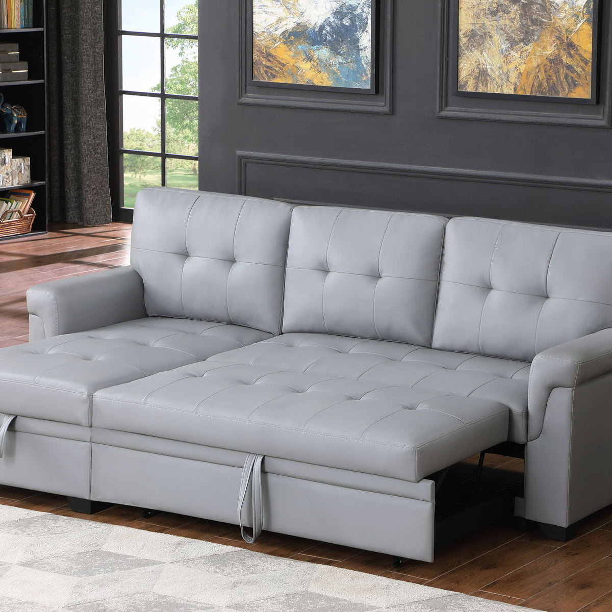 Lexi - Vegan Leather Modern Reversible Sleeper Sectional Sofa With Storage Chaise