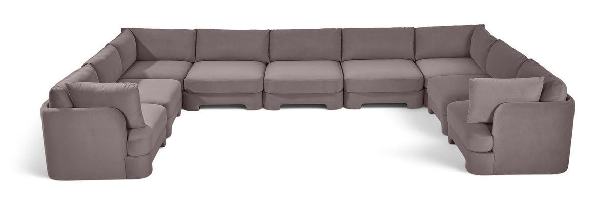 Light gray velvet modular sectional, 9-piece set with chaise corner blocks.