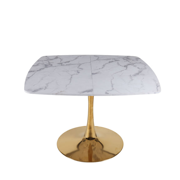 White marble-look dining table with gold pedestal base