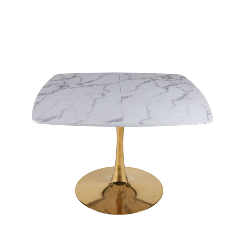 White marble-look dining table with gold pedestal base