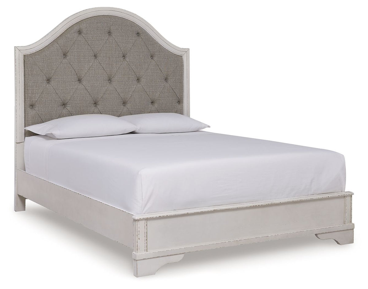 Queen upholstered panel bed with tufted gray headboard and light gray frame