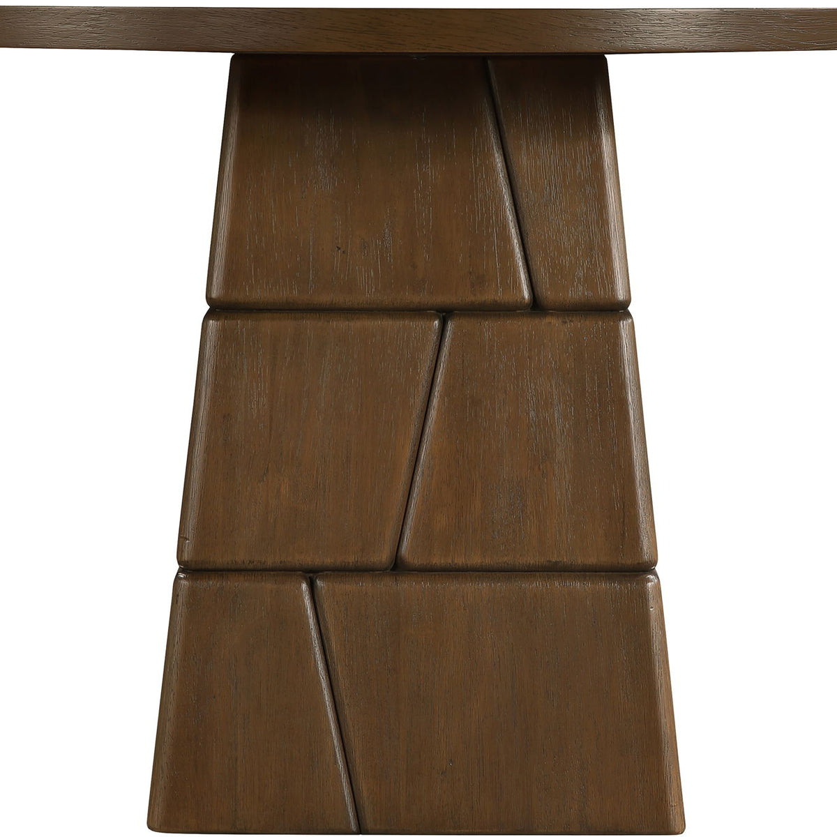 Dark brown round dining table with stacked block pedestal base, side view