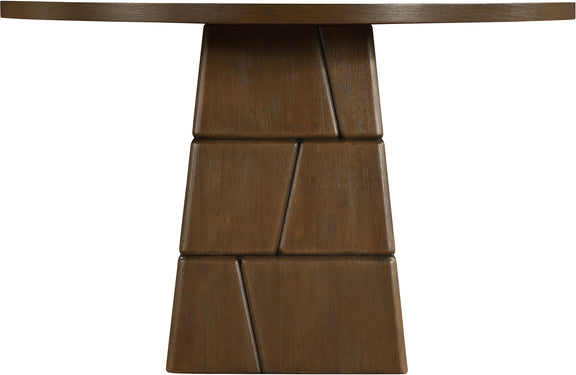 Dark brown round dining table with stacked block pedestal base, side view