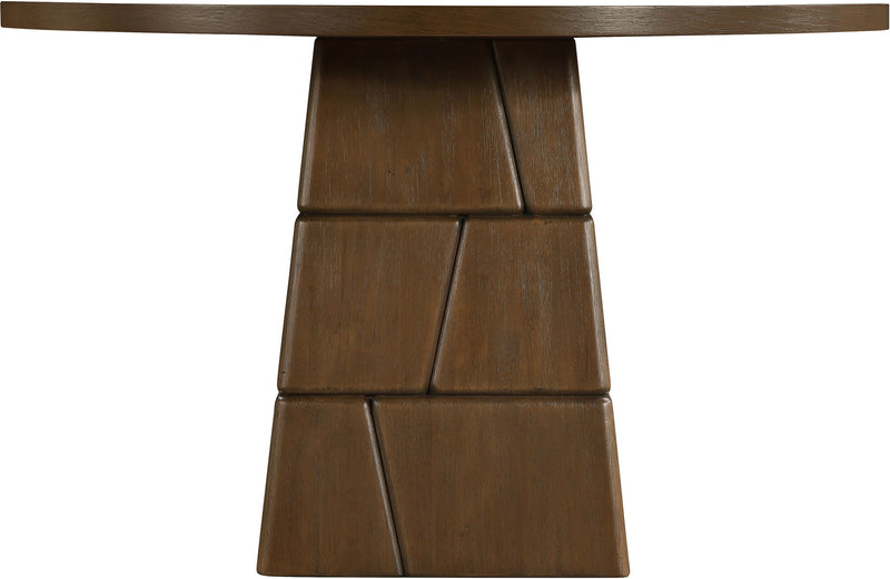 Dark brown round dining table with stacked block pedestal base, side view