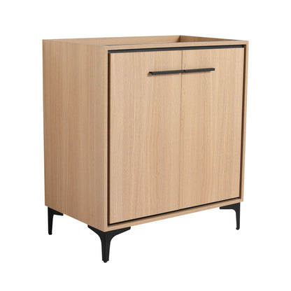 Light brown bathroom vanity cabinet with two doors and long black bar handle, visible side view