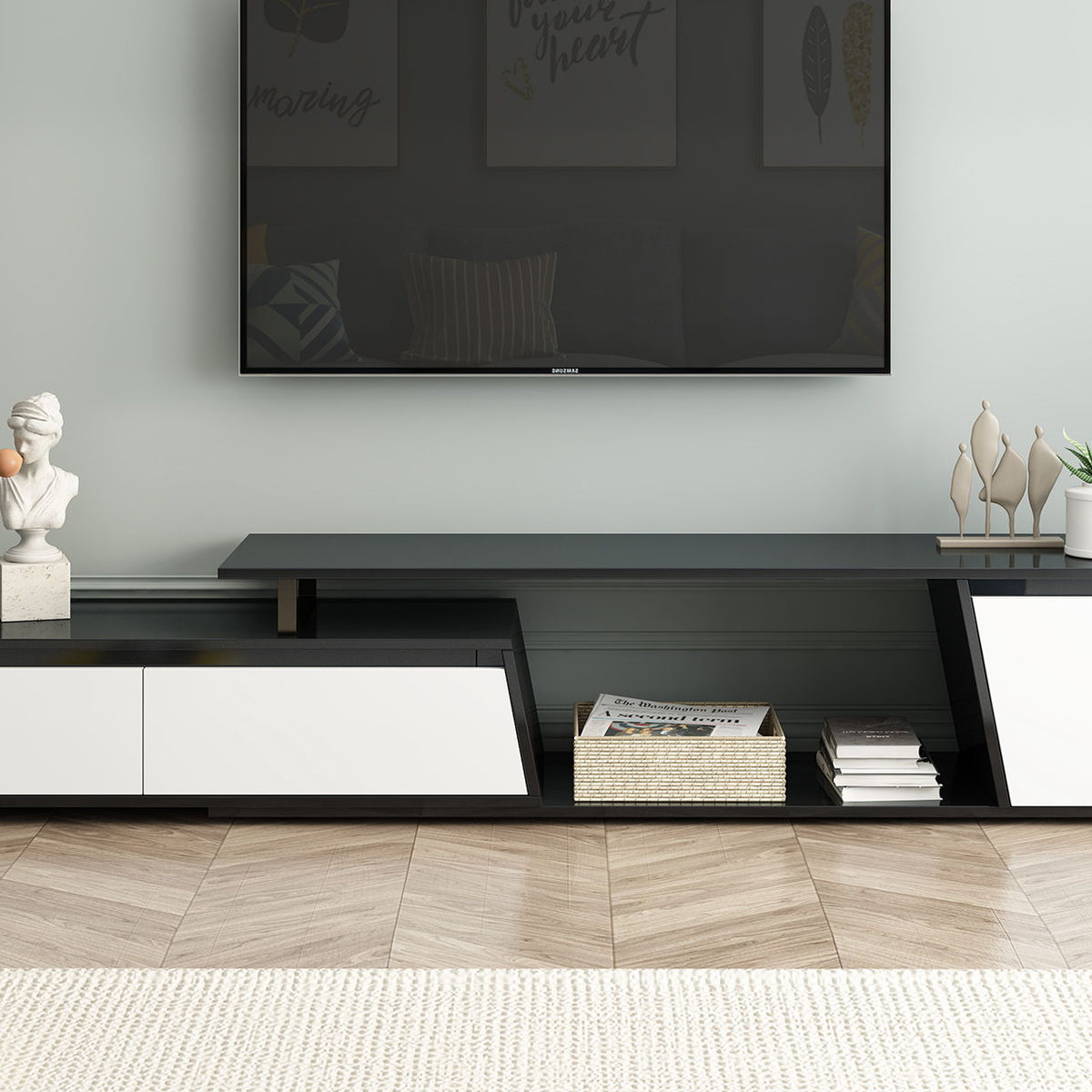 Minimalist Rectangle Extendable TV Cabinet With 2 Drawers And 1 Cabinet