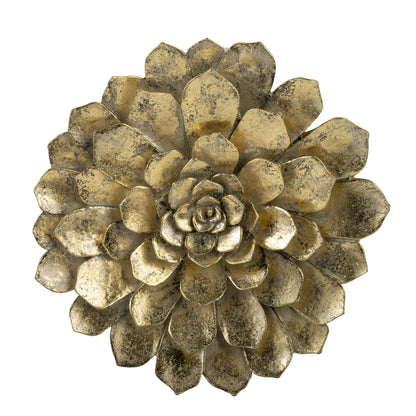 Gold succulent wall plaque with layered leaf petals and a central rose detail