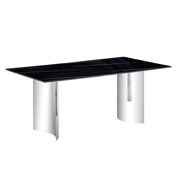 Black marble-look glass dining table with chrome pedestal legs