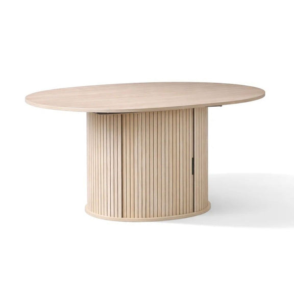 Extendable round dining table with hidden storage base, light ivory wood finish