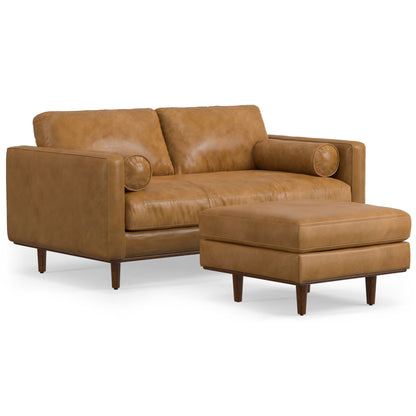 Sofa and ottoman set in light brown with cushioned backrests and angled armrests