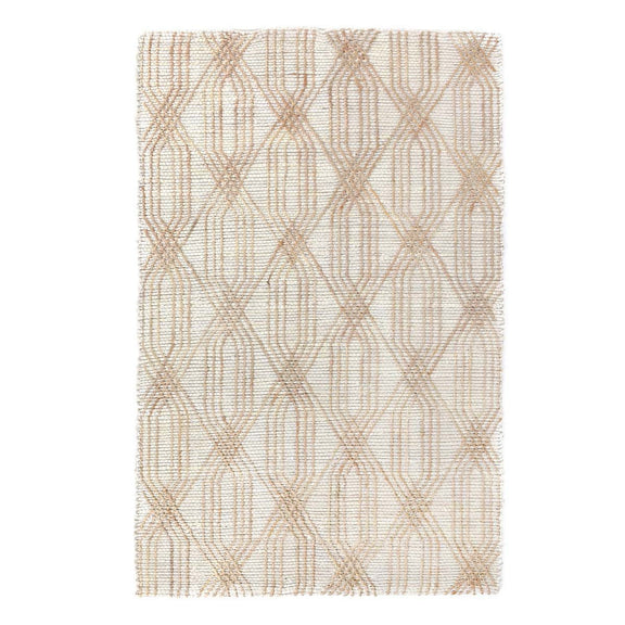 Beige area rug with off-white diamond lattice design and short fringe edges