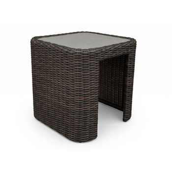 Mission Beach rectangular end table in dark brown woven wicker with a light inset top.