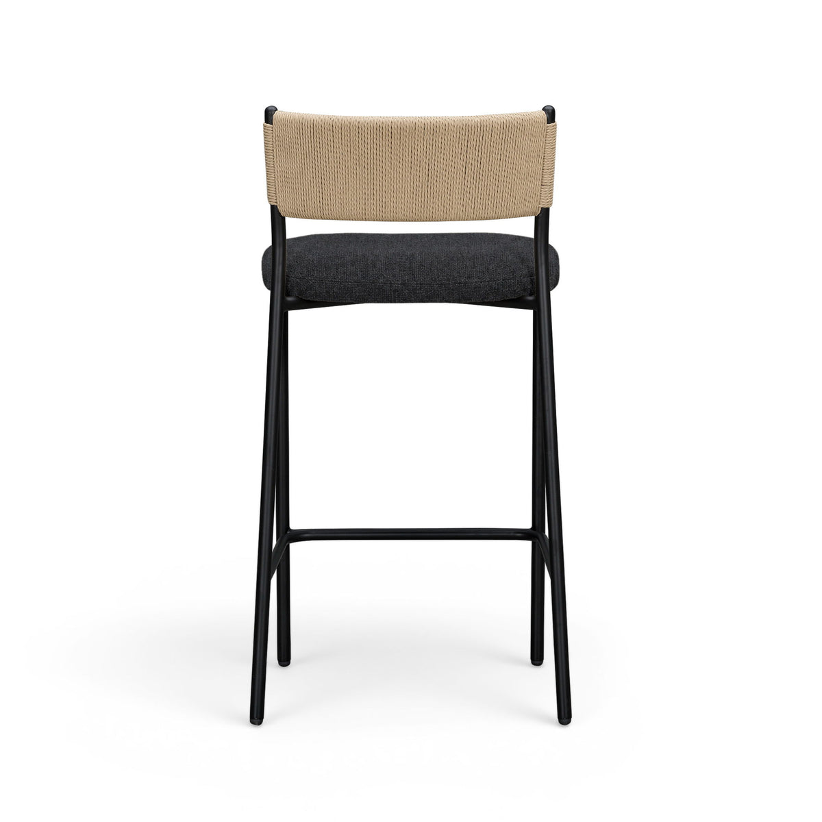 Celine boucle bar stool with beige upholstered back, dark seat, black metal legs.