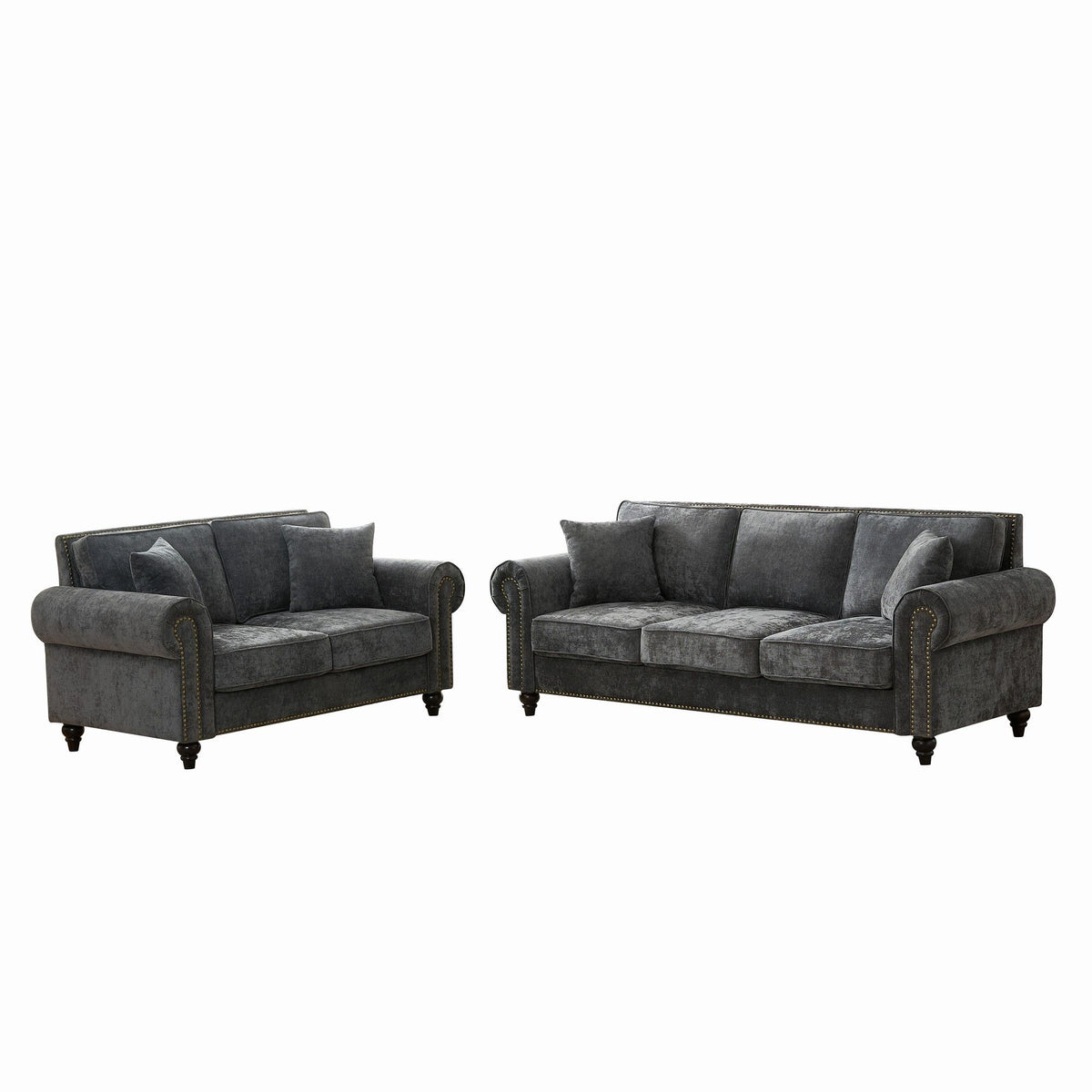 Dark gray tufted sofa set with rolled arms, two- and three-seat cushions