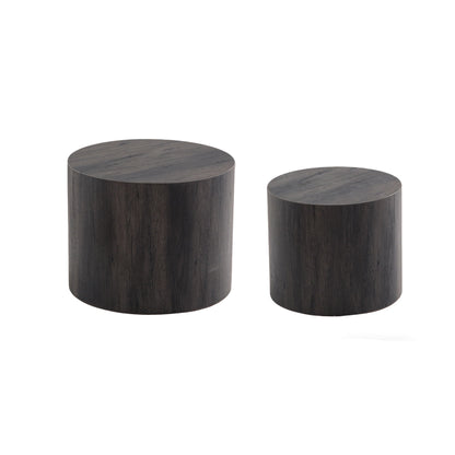 Round nesting coffee tables set of 2, dark gray wood-grain cylinder tops