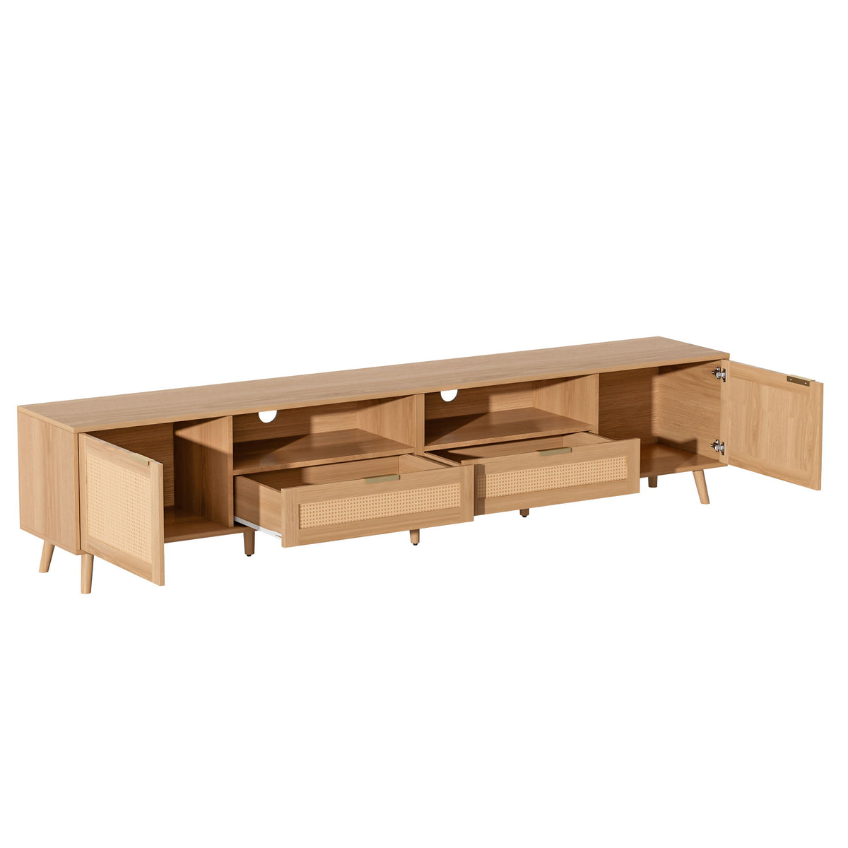 Light brown TV stand with open compartments, sliding drawers, and cable management cutouts