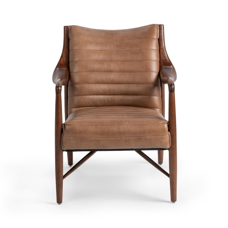 Adobe tan leather club chair with wide seat, padded arms, and straight wood legs