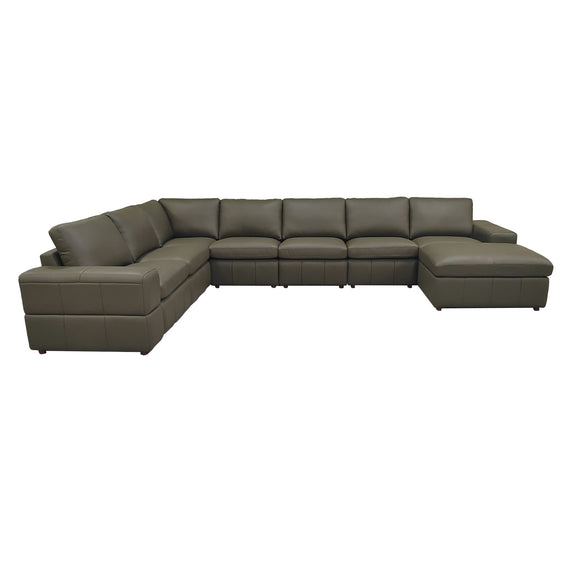 Dark gray modular sectional sofa with chaise sections and squared, cushioned arms