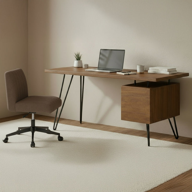 Light brown upholstered office chair with padded back and seat, swivel casters on base