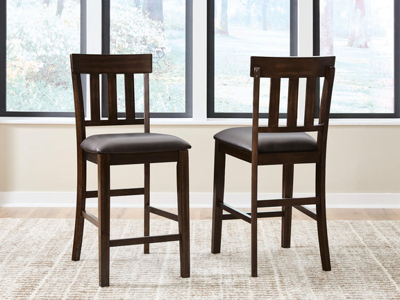 Upholstered barstool set of 2 with dark brown wood legs and dark padded seats