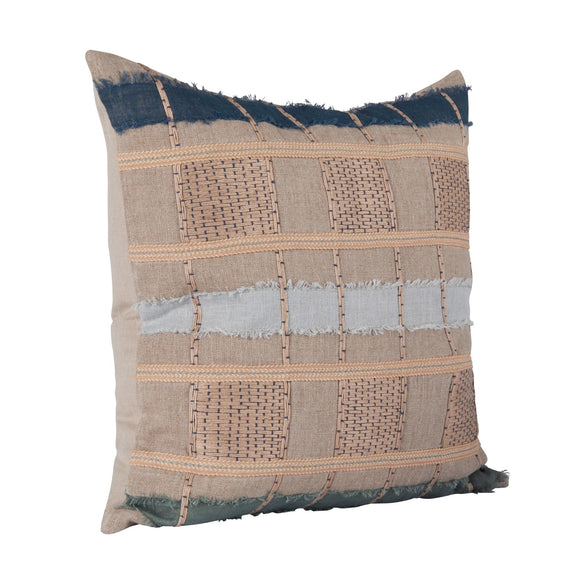 Stratton ML pillow with patchwork panels in blue, tan, and brown