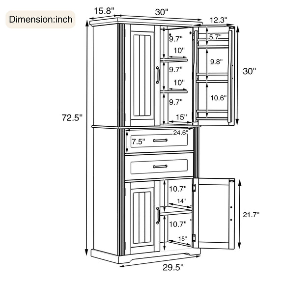 Storage cabinet size diagram with dimensions for doors, drawers, and shelves