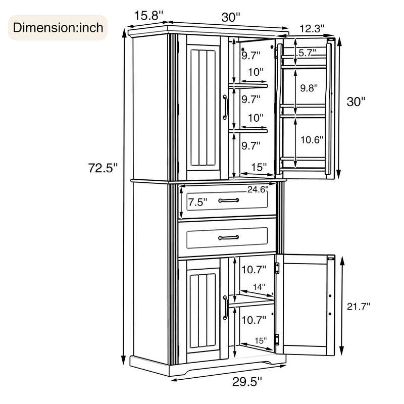 Storage cabinet size diagram with dimensions for doors, drawers, and shelves