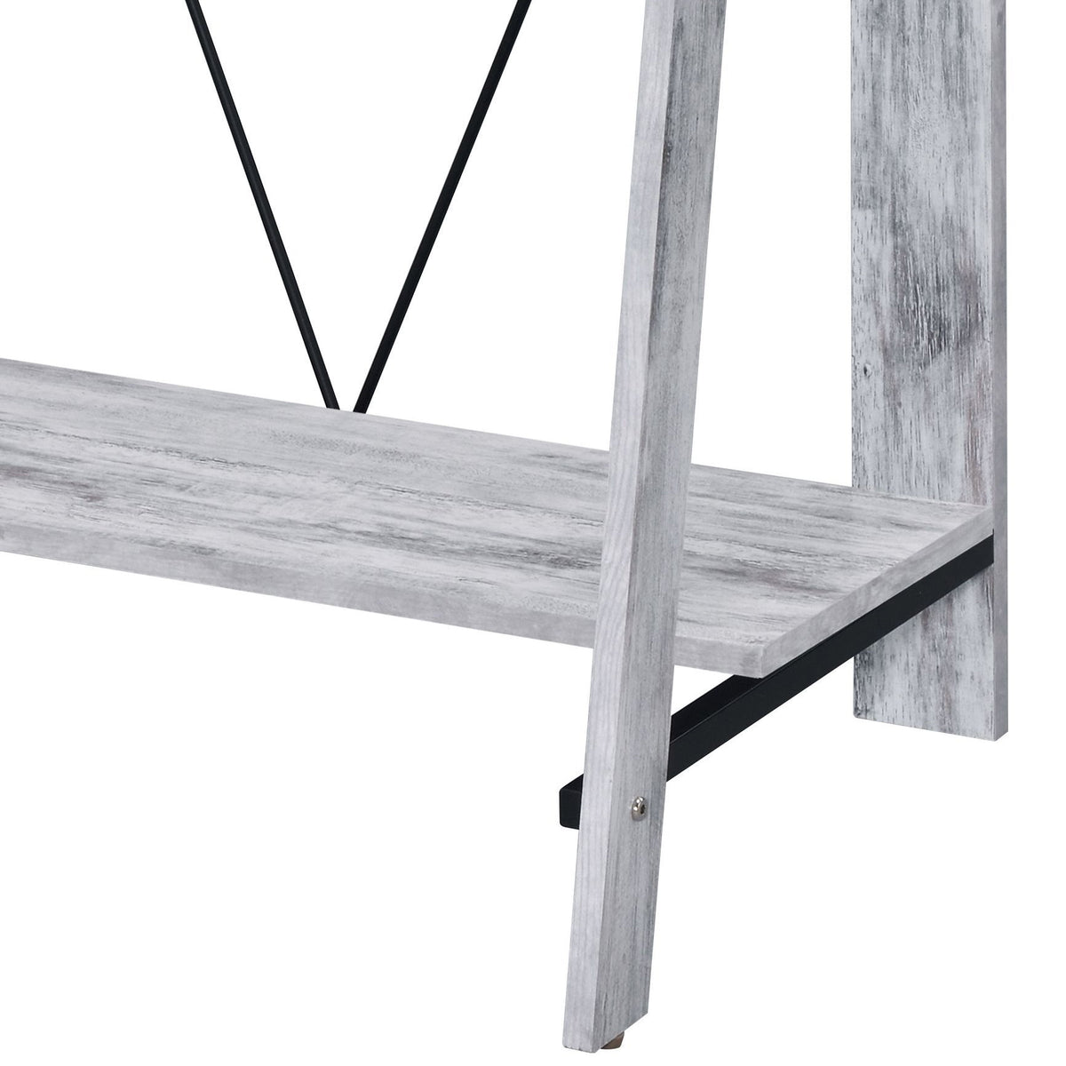 Light wood writing desk leg and lower shelf with angled X-brace support