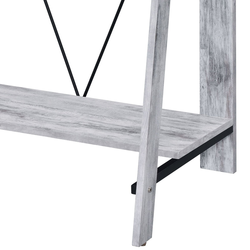 Light wood writing desk leg and lower shelf with angled X-brace support