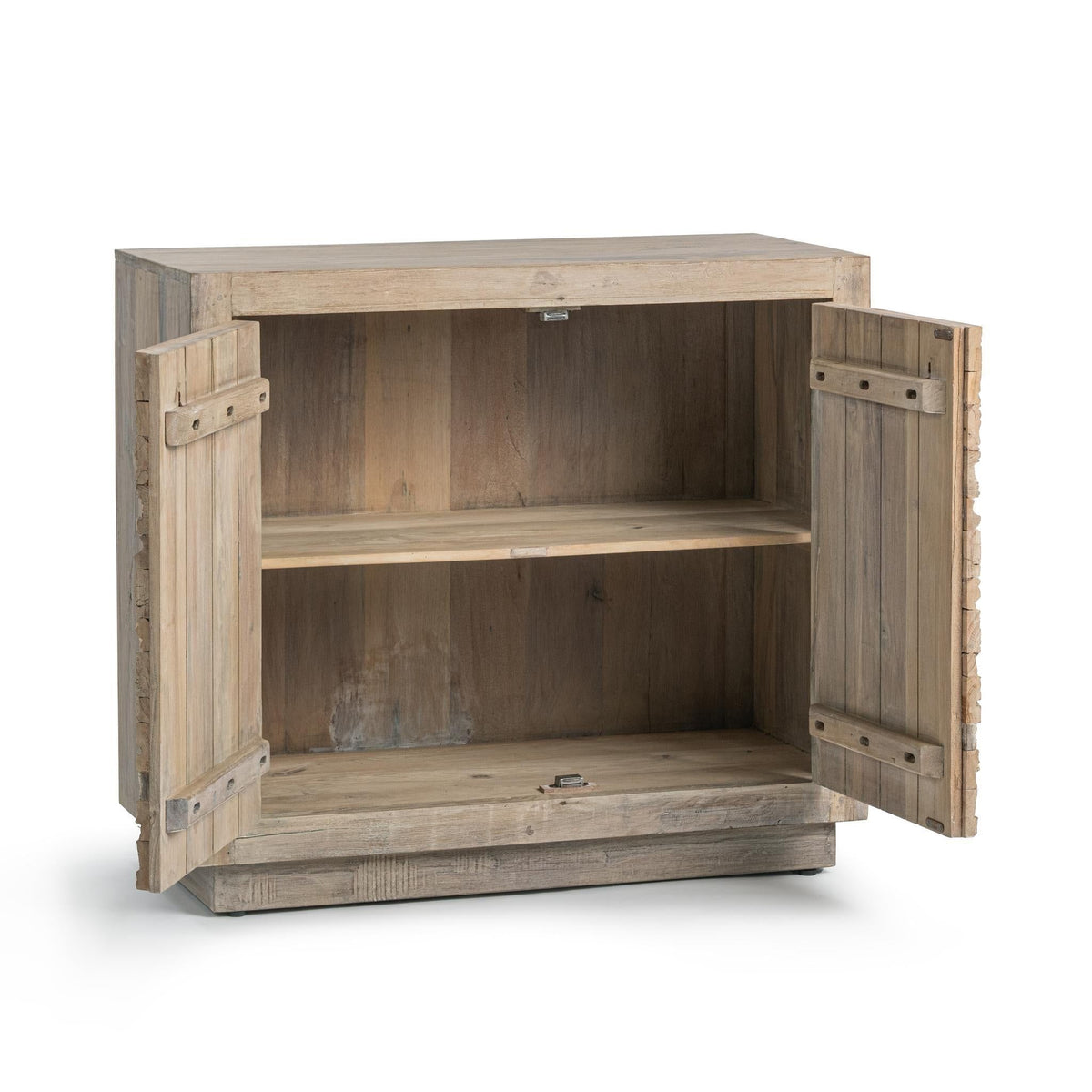 Two-door carved panel sideboard with open shelves, butterwood blend wood.
