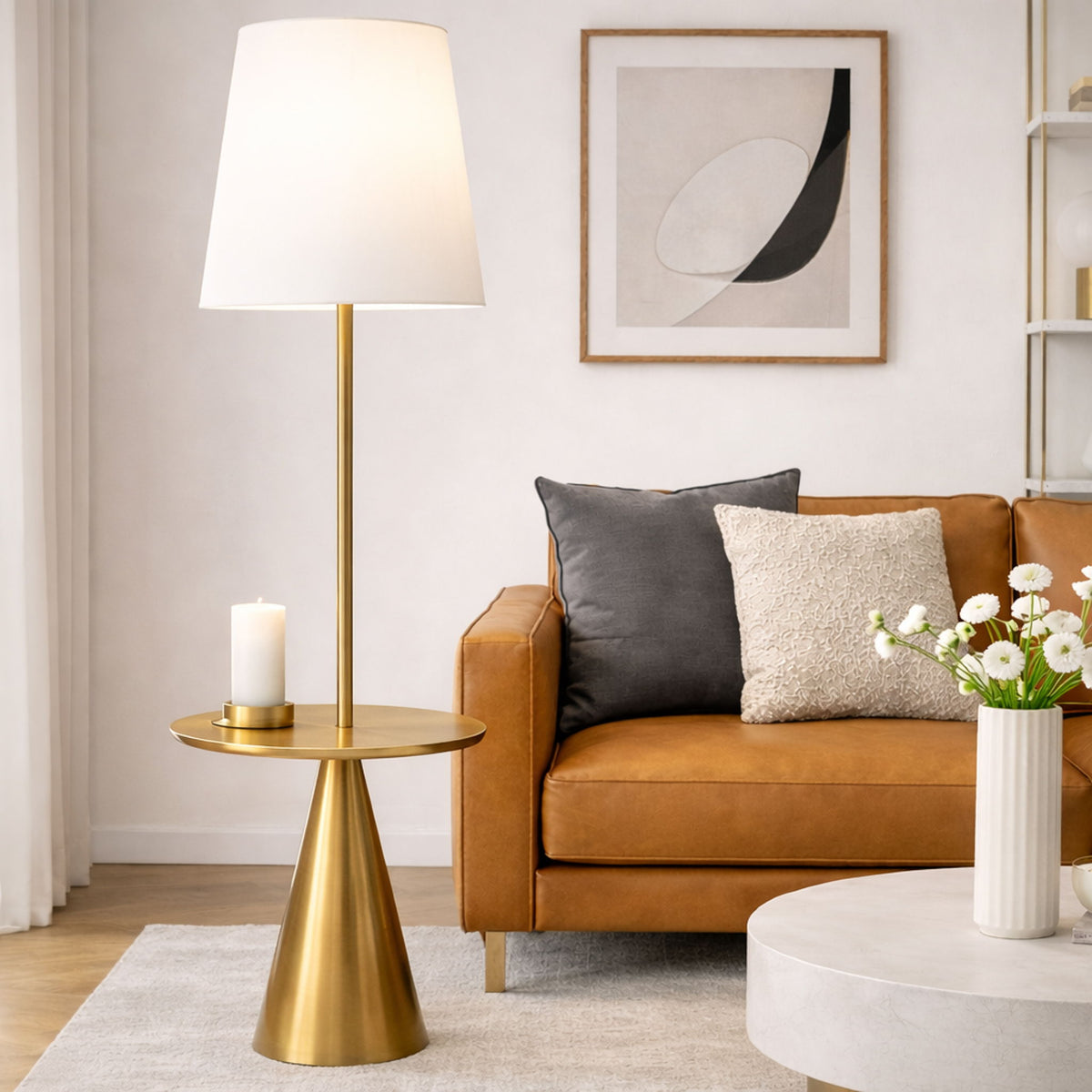 Modern floor lamp with white drum shade and gold round base accent table