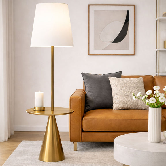 Modern floor lamp with white drum shade and gold round base accent table