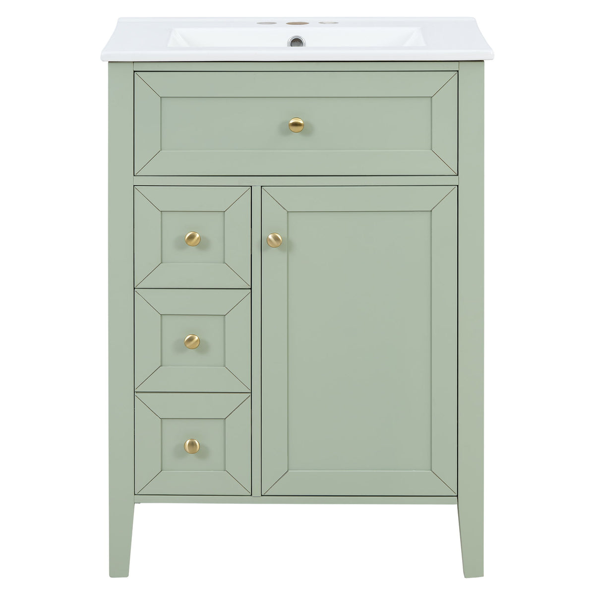 Green bathroom vanity cabinet with soft-close drawers, doors, and a white sink top