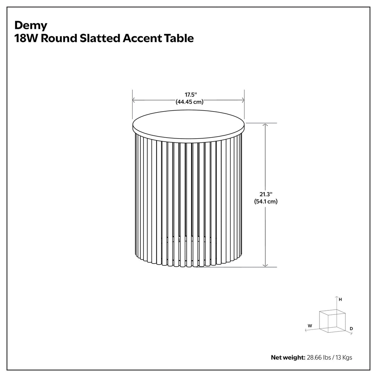 Round slatted accent table product dimensions illustration with rod-style sides