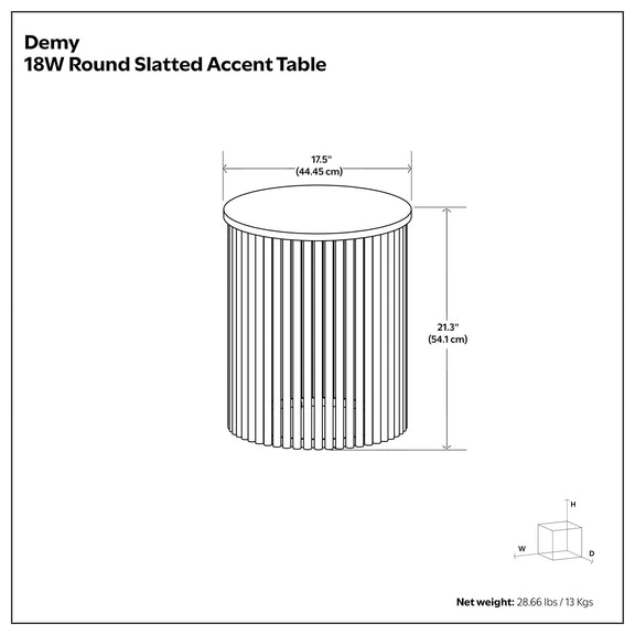 Round slatted accent table product dimensions illustration with rod-style sides