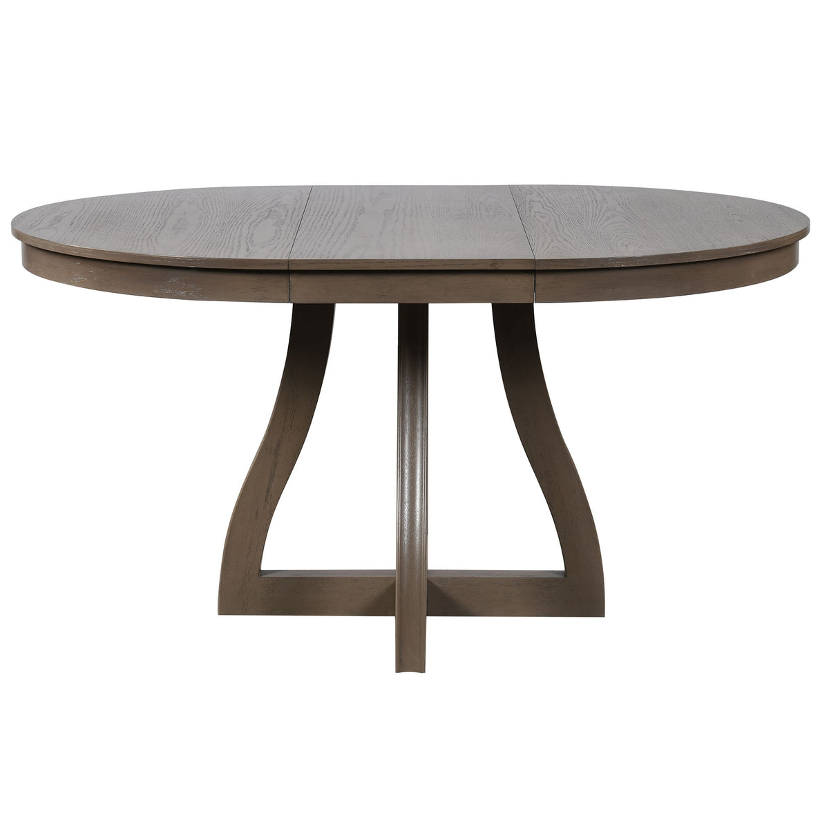 Dark brown round dining table with extendable middle leaf and curved pedestal legs