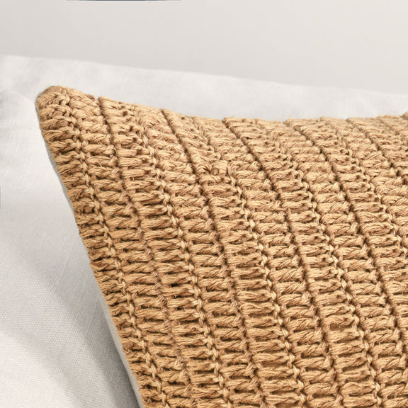 Honey woven fabric pillow cover close-up, braided knit texture