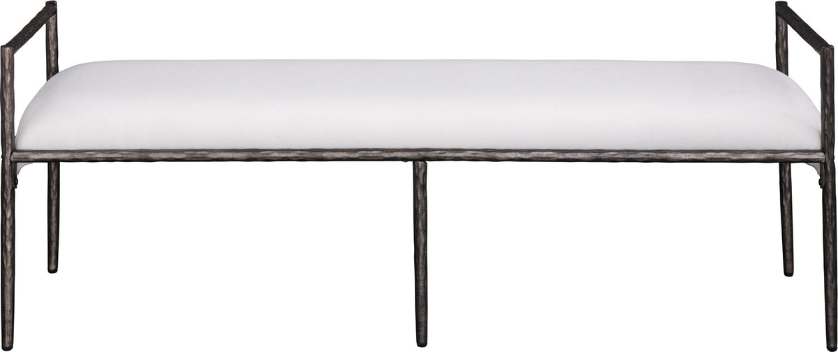 Upholstered bench with dark metal legs and light cream linen-textured seat
