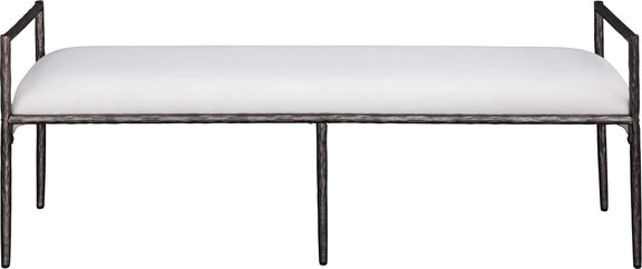 Upholstered bench with dark metal legs and light cream linen-textured seat