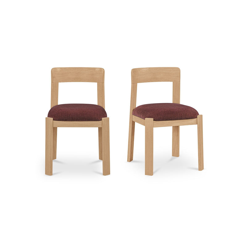 Set of 2 dining chairs with light wood frames and berry purple upholstered seats