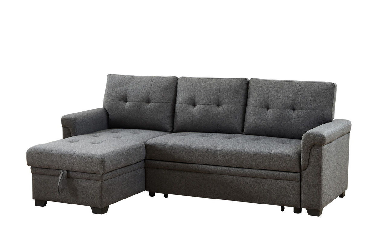 Dark gray reversible sleeper sectional sofa with storage chaise, tufted seat cushions