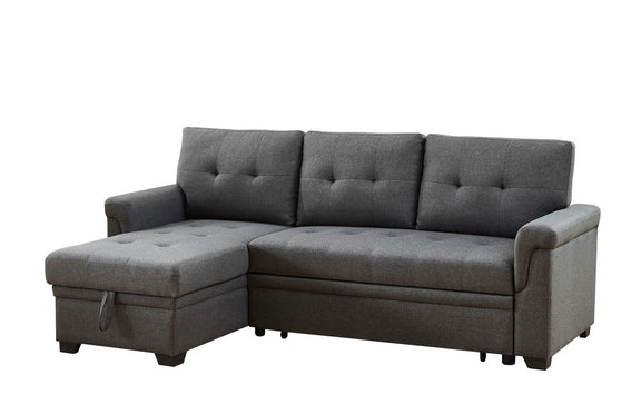 Dark gray reversible sleeper sectional sofa with storage chaise, tufted seat cushions