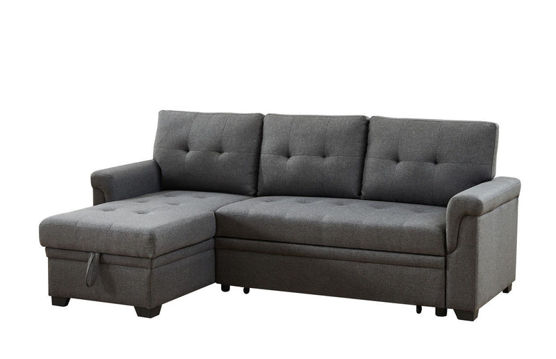 Dark gray reversible sleeper sectional sofa with storage chaise, tufted seat cushions