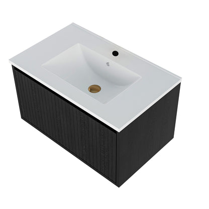 Wall-mounted bathroom vanity with white sink and dark wood cabinet with two doors