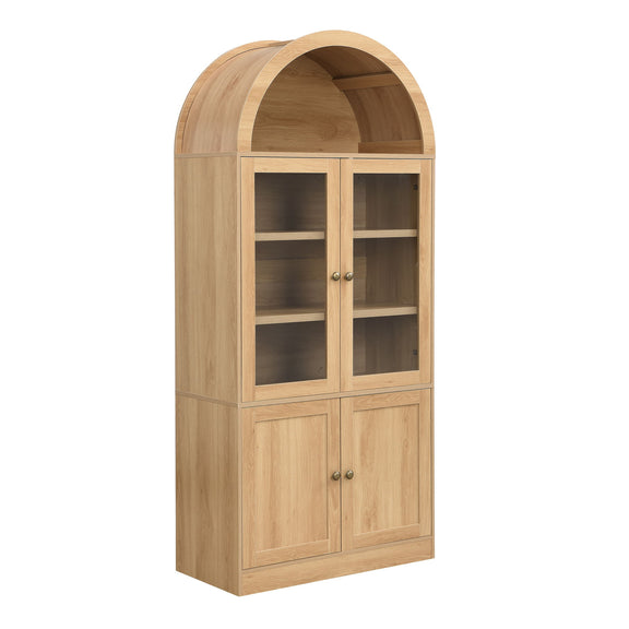 Light brown tall storage cabinet with arched top, glass doors, and 5-tier shelves