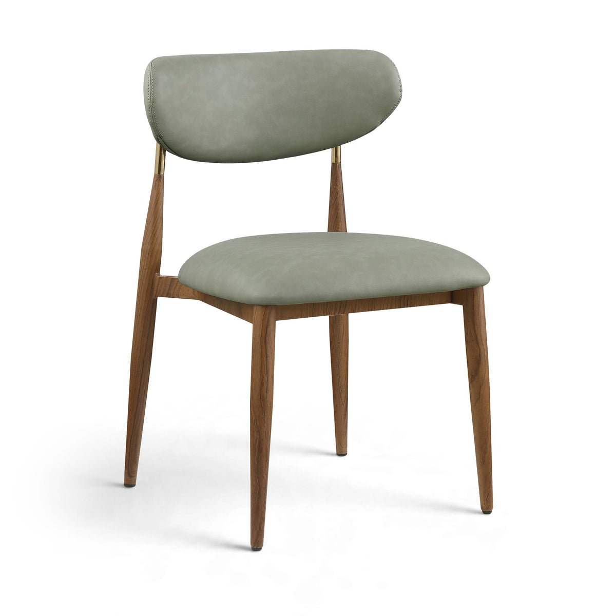 Green vegan leather dining side chair with rounded backrest and walnut legs