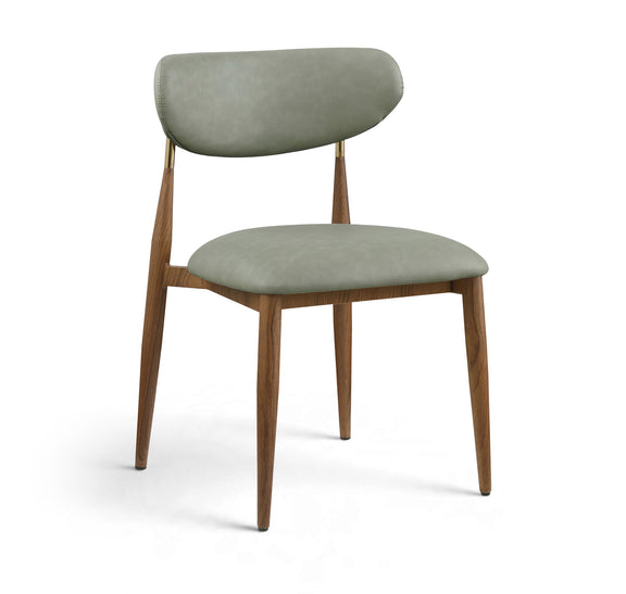 Green vegan leather dining side chair with rounded backrest and walnut legs