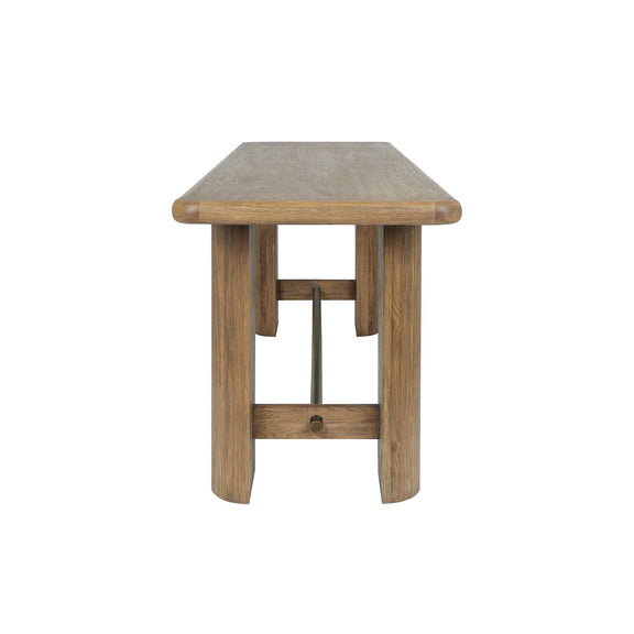 Tawny brown gathering table with sturdy legs and metal bar under-shelf.