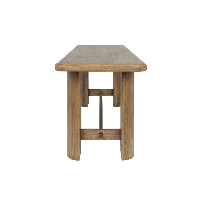 Tawny brown gathering table with sturdy legs and metal bar under-shelf.